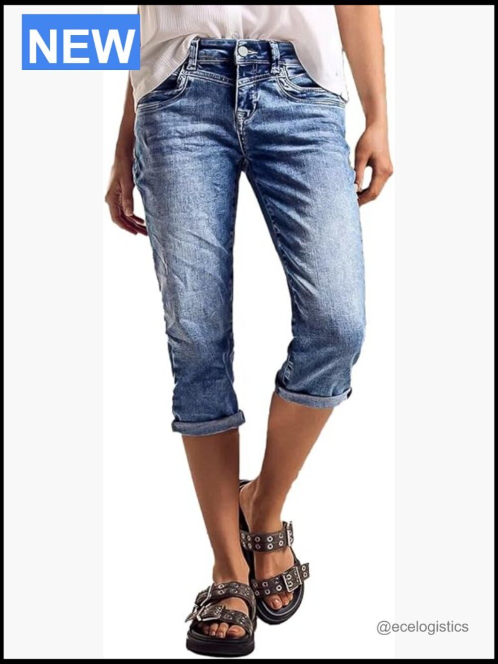 High Rise Capri Jeans Straight Leg Roll Hem Distressed Denim